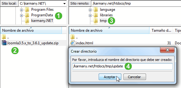 Crear directorio desde FileZilla