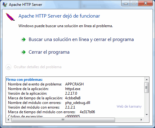 Apache error en XAMPP
